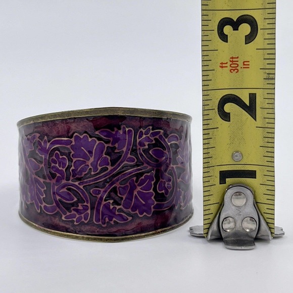 Vintage Cuff Bracelet Boho Chunky Vine Leaves Purple Floral Jewelry Brass Tone - Picture 7 of 7